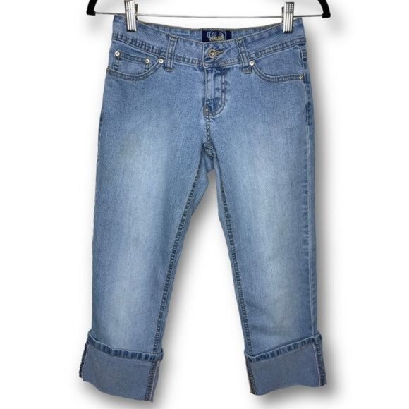 Vintage Y2K Angels Size 3 Light Wash Low Rise Rhinestone Cropped Cuffed Jeans - Picture 2 of 12